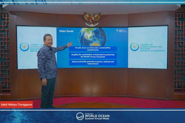 Menteri Kelautan dan Perikanan Sakti Wahyu Trenggono saat memaparkan presentasinya tentang Visi Indonesia 2045: Ekonomi Biru untuk Perikanan Indonesia di hadapan ribuan peserta forum internasional tahunan World Ocean Summit (WOS) ke-9, Selasa (1/3/2022).