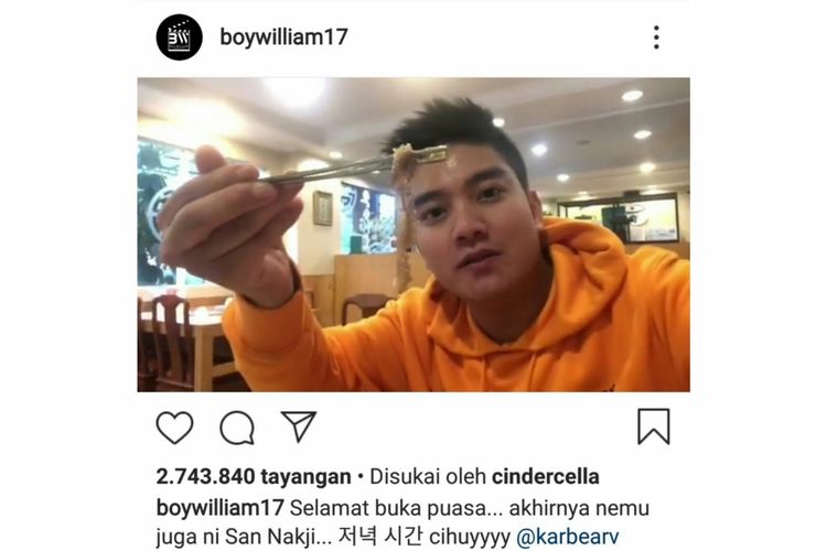 Tangkapan layar akun instagram Boy William.