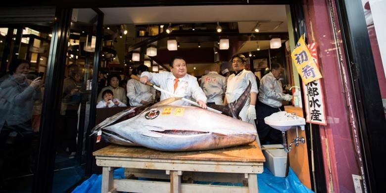 Kiyoshi Kimura, pengusaha restoran sushi yang dikenal dengan julukan Raja Tuna, memperlihatkan ikan tuna seberat 212 kilogram yang dibelinya dalam lelang dengan harga Rp 8,5 miliar.