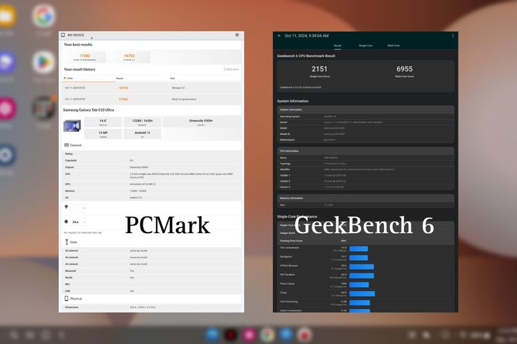Skor benchmark Samsung Galaxy Tab S10 Ultra berdasarkan pengujian di platform PCMark dan GeekBench 6.