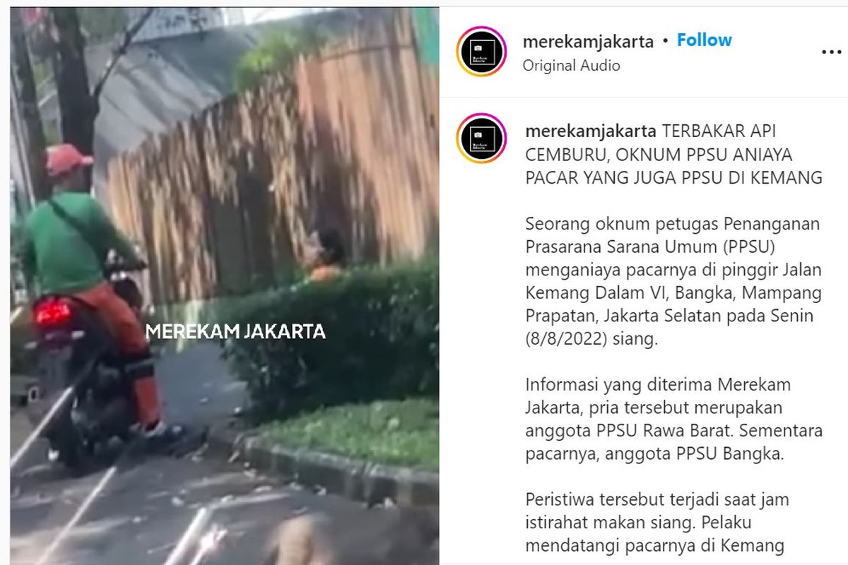 Oknum petugas PPSU menganiaya perempuan dengan memukul dan menabrak korban. Peristiwa itu terjadi di Jalan Kemang Dalam VI, Bangka, Mampang Prapatan, Jakarta Selatan, Senin (8/8/2022)
