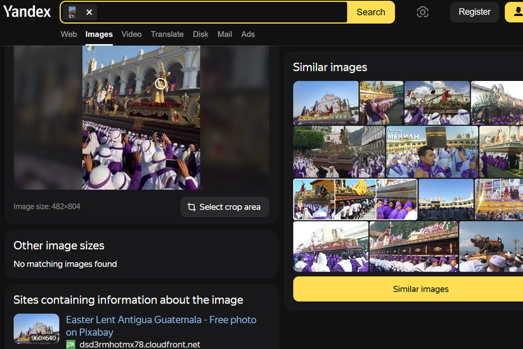 Tangkapan layar pencarian gambar di Yandex, soal perayaan Paskah di Guatelama tahun 2023.