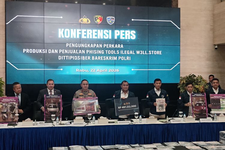 Konferensi pers Bareskrim Polri mengungkap kasus produksi dan distribusi perangkat lunak phishing tools dengan total 34.000 korban di berbagai negara dan kerugian mencapai 20 juta dollar AS atau sekitar Rp 350 miliar, Rabu (22/4/2026).