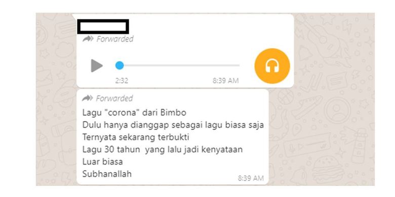 Pesan berantai yang menyebar di Whatsapp tentang lagu Bimbo berjudul Corona yang disebut sudah ada sejak 30 tahun lalu. Lagu itu merupakan lagu baru yang belum lama selesai dikerjakan Bimbo.