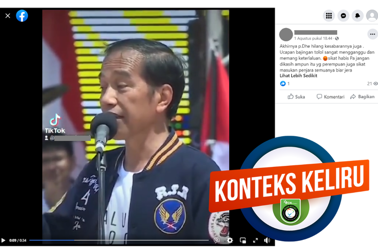 Tangkapan layar unggahan dengan konteks keliru di sebuah akun Facebook, 1 Agustus 2023, yang menyebut Jokowi hilang kesabaran akibat ucapan bajingan tolol.