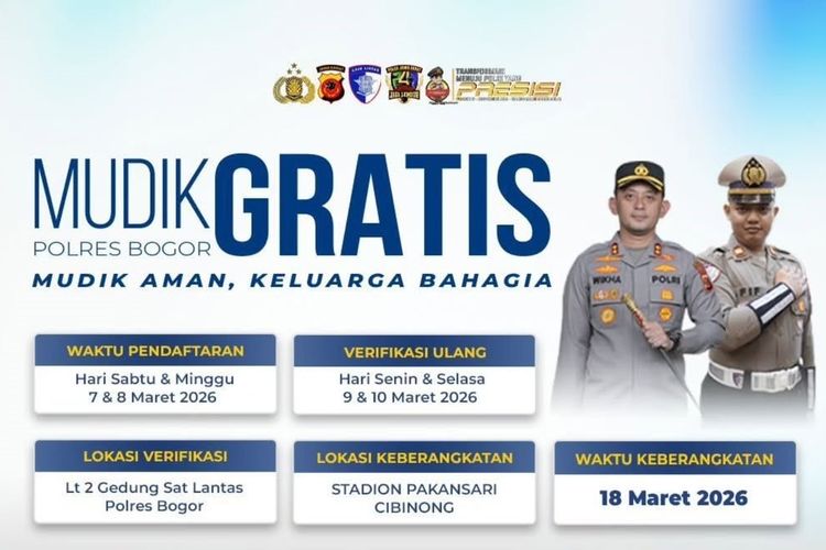 Polres Bogor membuka pendaftaran mudik gratis Lebaran 2026 pada 7?8 Maret 2026, ini link untuk mendaftar.