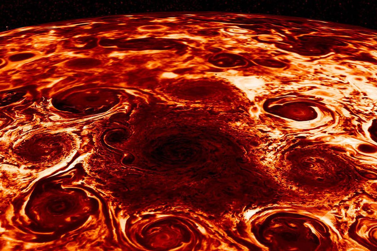 Citra ini berasal dari data yang dikumpulkan oleh instrumen Jovon Infrared Auroral Mapper (JIRAM) di kapal misi Juno milik NASA yang mengorbit di Jupiter. Gambar menunjukkan siklon pusat dengan 8 siklon yang mengelilinginya di kutub utara Jupiter.
