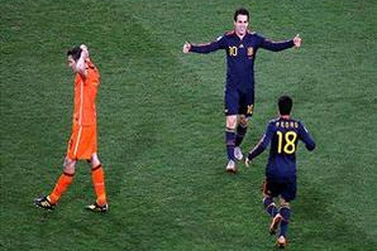 Penyerang Belanda, Robin van Persie (kiri), dan gelandang Spanyol, Cesc Fabregas (nomor sepuluh), usai melakoni final Piala Dunia 2010 Afrika Selatan, 11 Juli silam.