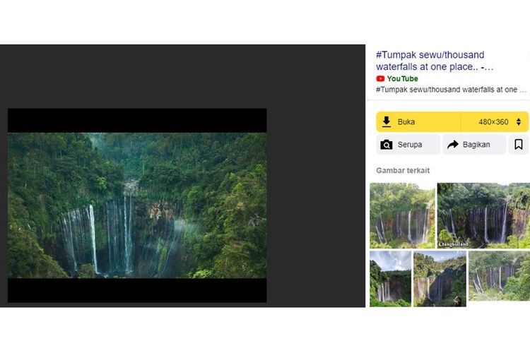 Tangkapan layar hasil pencarian menggunakan Yandex tentang Gunung Semeru dan air terjun Tumpak Sewu