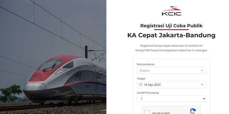 Situs pendaftaran uji coba KA Cepat Jakarta-Bandung.