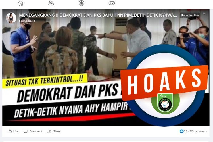 Tangkapan layar Facebook narasi yang menyebut kader Partai Demokrat baku hantam dengan kader PKS
