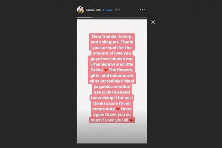 Bidik layar Instagram Story milik penyanyi Raisa Andriana.