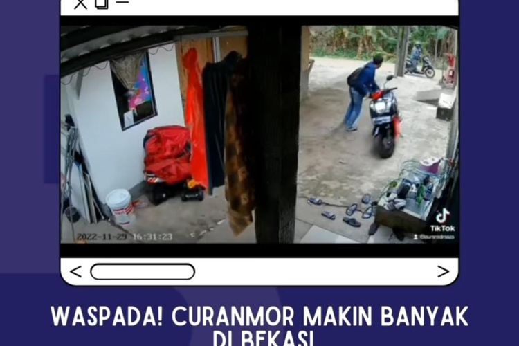 Aksi dua orang maling motor yang berhasil menggondol sepeda motor milik seorang warga di Jalan Bandung 3 Kranggan, Jakasampurna, Kota Bekasi (29/11/2022).