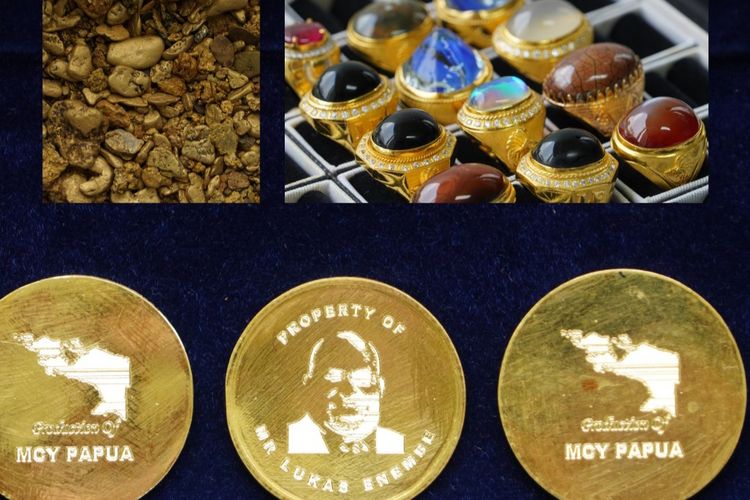KPK menunjukkan koin emas bertuliskan Property of Lukas Enembe dan sejumlah cincin dengan batu mulia yang disita dari Gubernur Papua Lukas Enembe. Sumber: Instagram @official.kpk