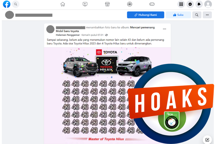 Tangkapan layar unggahan dengan narasi hoaks di sebuah akun Facebook, Senin (24/4/2023), soal kuis tebak angka berhadiah mobil disebarkan oleh Halaman Facebook.