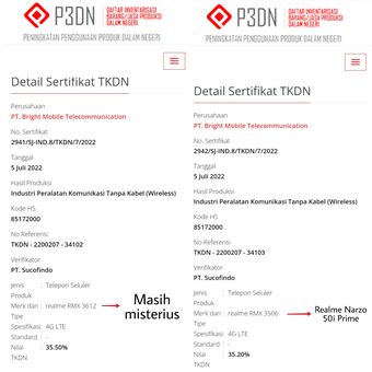 Tangkapan layar dua sertifikasi di laman TKDN yang diyakini miliki Realme Narzo 50i Prime dan satu ponsel Realme lainnta yang siap masuk Indonesia.