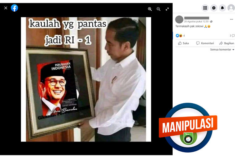 Tangkapan layar konten manipulasi di sebuah akun Facebook, Sabtu (26/8/2023), soal foto Presiden Joko Widodo (Jokowi) memegang bingkai berisi foto Anies Baswedan.
