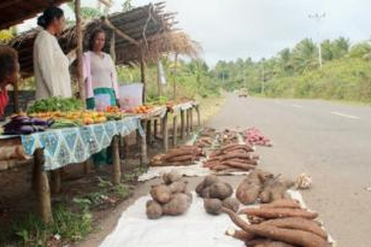 Aneka ubi dan umbi berpotensi menjadi sumber karbohidrat utama masyarakat di Kepulauan Tanimbar, Maluku Tenggara Barat, Maluku. Namun, selama ini ubi dan umbi masih dipanen, dijual, dan diolah dengan cara amat sederhana. Di Pulau Yamdena, September 2014, para petani tampak menggelar dagangan di tepi jalan sebanyak yang mereka hasilkan.