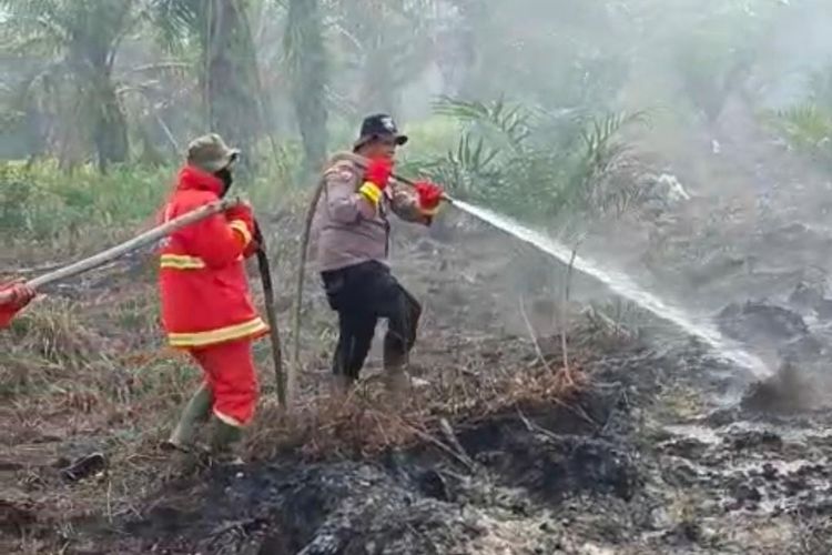 Petugas kepolisian berjibaku memadamkan api karhutla di Desa Karya Indah, Kecamatan Tapung, Kabupaten Kampar, Riau, Sabtu (26/8/2023).