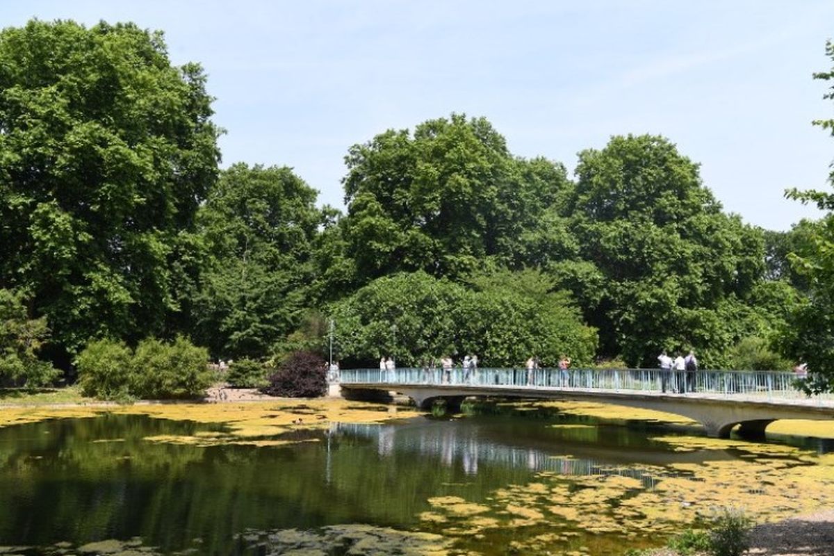 Orang-orang menyeberangi jembatan dalam di St Jamess Park di London pada 21 Juni 2017. Eropa berada di bawah gelombang panas pada 21 Juni dan London bersiap untuk menghadapi hari terpanas di Inggris sejak tahun 1976.