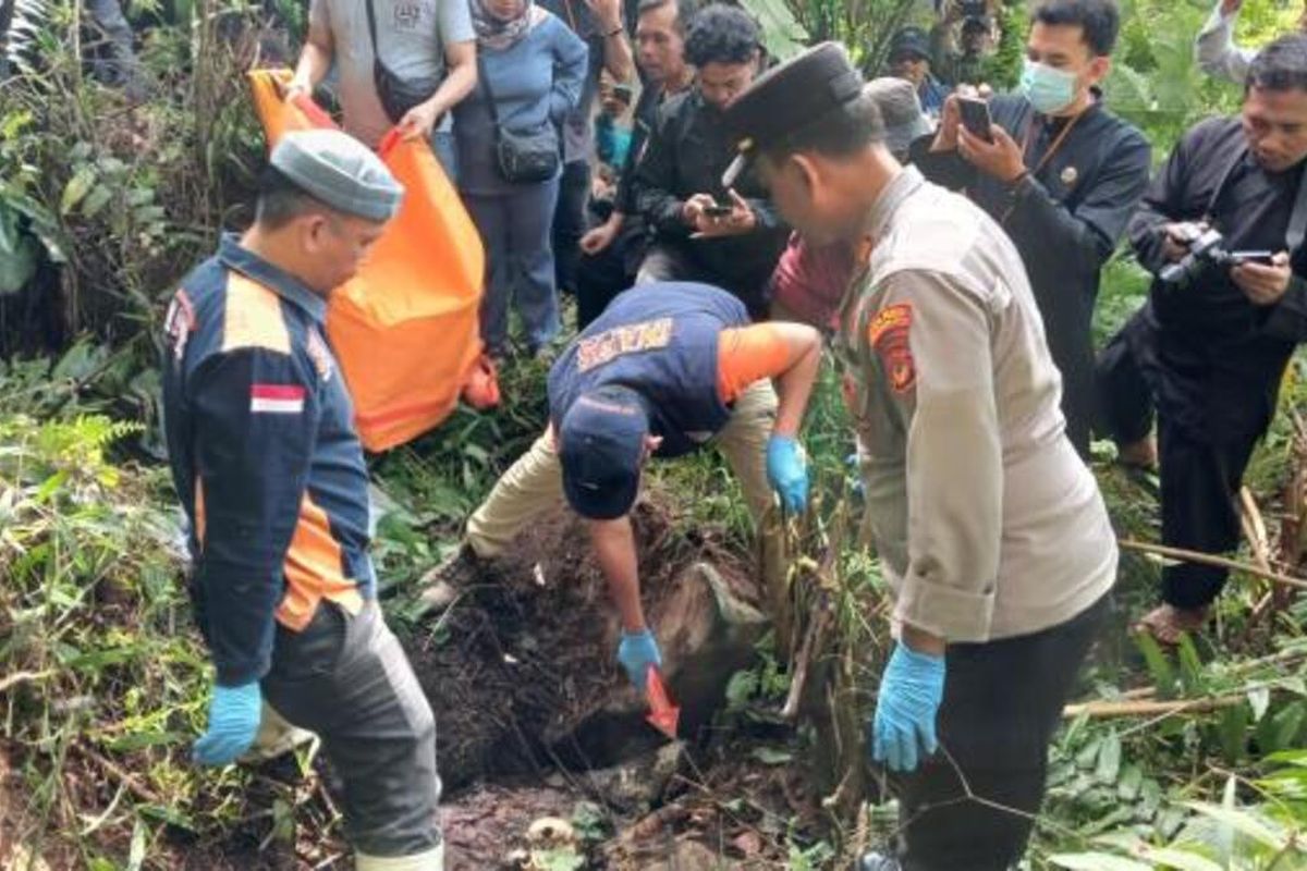 Tim Inafis Polresta Tasikmalaya dan Polsek Pagerageung dibantu unsur Muspika Pagerageung tengah mengevakuasi mayat perempuan yang kepalanya sudah jadi tengkorak di Gunung Cakrabuana, Kabupaten Tasikmalaya, Jawa Barat, Selasa (30/7/2024).