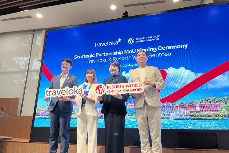Traveloka, platform teknologi perjalanan all-in-one terdepan di Asia Tenggara, hari ini menandatangani Nota Kesepahaman (MoU) dengan Resorts World Sentosa (RWS), destinasi wisata terpadu di Singapura, di Tangerang Selatan, pada 20 Mei 2026. Stefanus Syalom, Director of Commercial, Traveloka; Baidi Li, Vice President of Commercial, Traveloka; Jenny Wang, Acting Senior Vice President, Resort Sales & Marketing, Resorts World Sentosa; dan Clement Tan, Assistant Vice President, Regional Sales & Marketing, Resorts World Sentosa. 