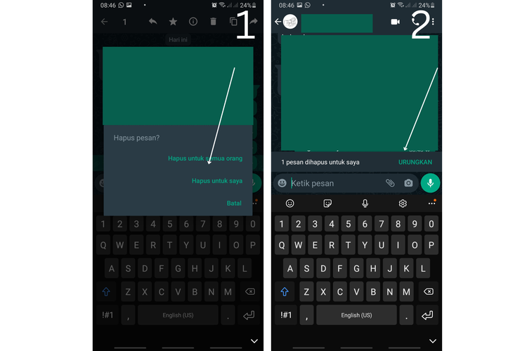cara mengembalikan chat WA yang terhapus dengan urungkan hapus pesan.