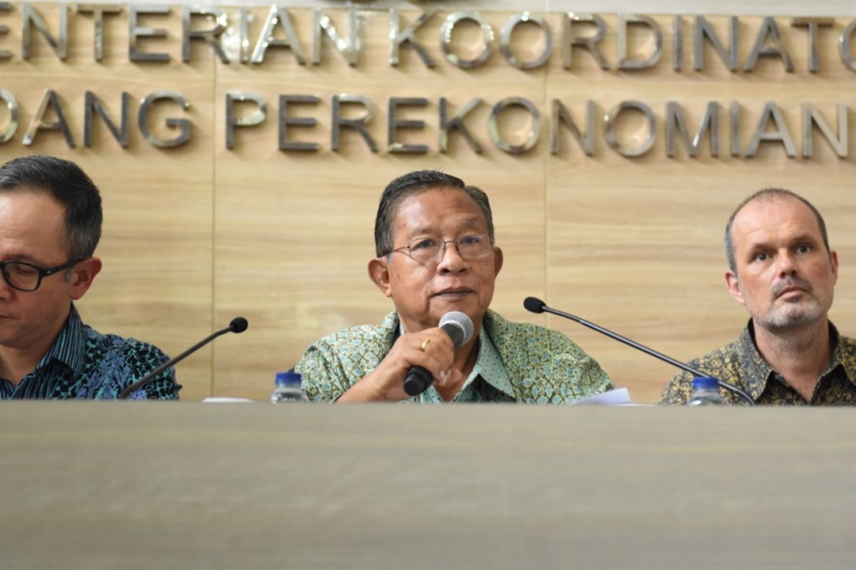 Menteri Koordinator Perekonomian Darmin Nasution (Tengah) saat konferensi pers di Kantor Kementerian Koordinator Perekonomian, Jakarta, Senin (4/2/2019)