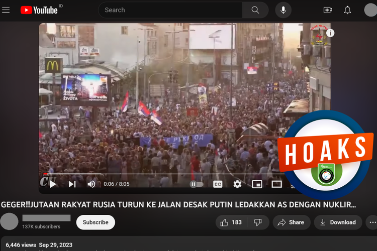 Tangkapan layar unggahan dengan narasi hoaks di sebuah akun YouTube, Jumat (29/9/2023), soal jutaan warga Rusia berdemonstrasi mendesak Putin meledakkan AS dengan nuklir.