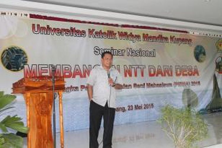 Ketua Komisi V DPR RI, Fary Djemi Francis, saat menjaddi pembicara dalam seminar nasional dengan tema membangun NTT dari desa, yang diselenggarakan oleh Universitas Katolik (Unika) Widya Mandira Kupang, Sabtu (23/5/2015).