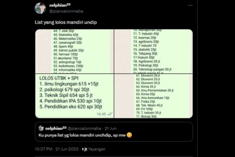 Salah satu warganet mengunggah daftar uang pangkal atau Sumbangan Pengembangan Institusi (SPI) jalur mandiri Universitas Diponegoro (Undip) beredar di Twitter.