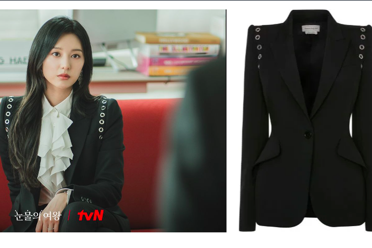 Alexander McQueen Embellished Black Wool Jacket, salah satu outfit mewah Kim Ji Won yang berperan sebagai Hong Hae In di drama Queen of Tears
