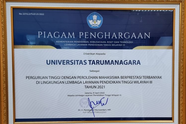 Satu dari tujuh pernghargaan yang diperoleh Universitas Tarumanagara (Untar) dari Lembaga Layanan Pendidikan Tinggi (LLDikti) Wilayah III DKI Jakarta.