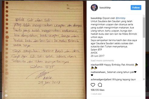 Lewat Secarik Kertas, Ahok Ucapkan Terimakasih 