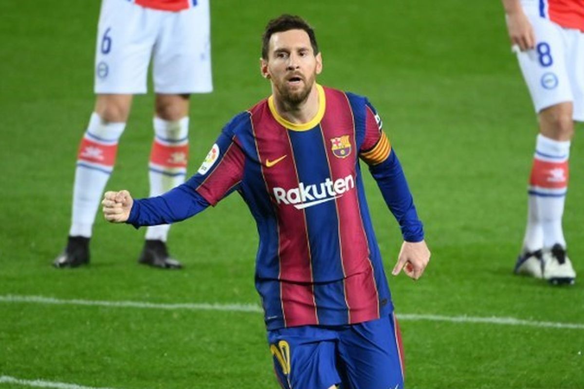 Megabintang Barcelona, Lionel Messi, merayakan golnya ke gawang Alaves, Minggu (14/2/2021) dini hari WIB di Camp Nou.