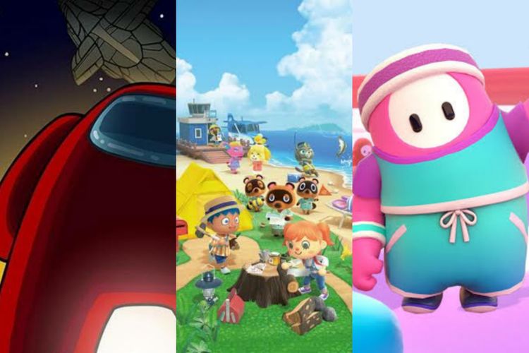 Ilustrasi game Among Us, Animal Crossing: New Horizons, dan Fall Guys: Ultimate Knockout.