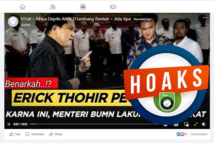 Tangkapan layar Facebook narasi yang menyebut bahwa Erick Thohir memecat Ahok sebagai Komisaris Utama PT Pertamina