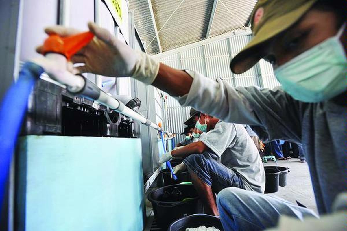 Pekerja mengemas pupuk cair organik dalam botol 1 liter di pabrik PT Sang Hyang Seri (Persero) di Dusun Lusah, Desa Prawatan, Kecamatan Jogonalan, Kabupaten Klaten, Jawa Tengah, awal Juni lalu. Kapasitas produksi di pabrik ini mencapai 65.000 liter per bulan.