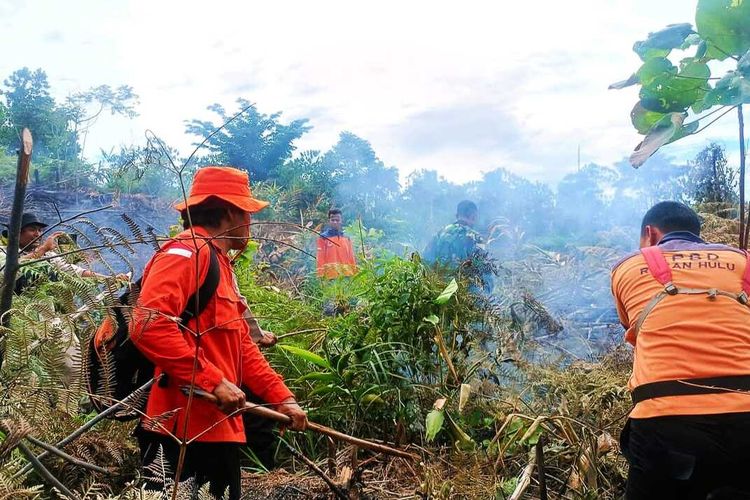 Petugas gabungan dari TNI, Polri dan BPBD melakukan pemadaman karhutla di Desa Suka Maju, Kecamatan Rambah, Kabupaten Rokan Hulu, Riau, Sabtu (30/7/2022).