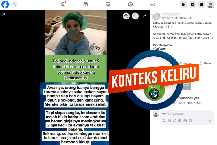 Tangkapan layar konten dengan konteks keliru di sebuah akun Facebook, 23 Oktober 2025, menampilkan foto yang diklaim sebagai balita di Indonesia yang menjalani cuci darah.