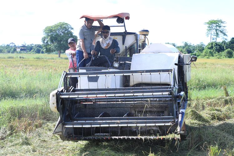 Bupati Bulungan, Syarwani saat menaiki alat mekanisasi pertanian (alsintan) untuk panen padi