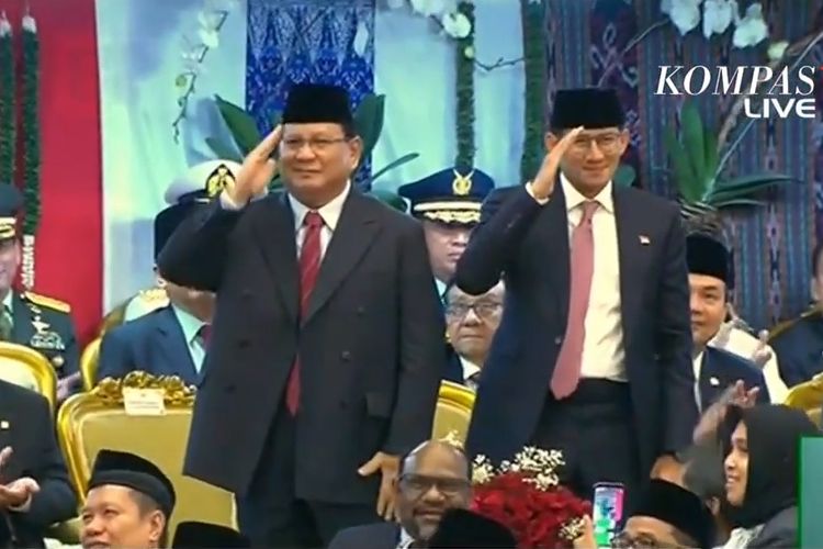 Capres dan cawapres dalam Pemilu Presiden 2019, Prabowo Subianto-Sandiaga Uno hadir dalam pelantikan presiden dan wapres terpilih, Joko Widodo dan Maruf Amin pada Minggu (20/10/2019).