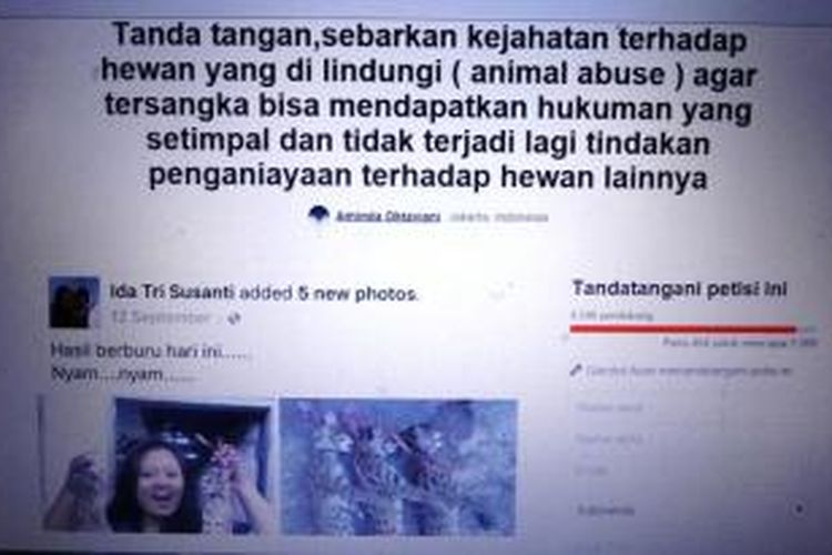 Inilah petisi berupa kecaman dari para netizen, terhadap akun facebook Tri Ida Susanti, yang mengunggah foto- foto kucing hutan, yang diduga hasil berburu.