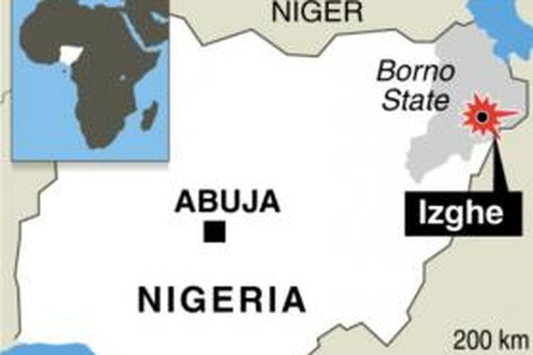 Peta serangan terbaru Boko Haram di desa Izge, Nigeria, Senin (17/2/2014).