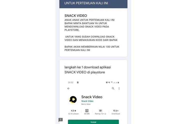 Tangkapan layar ajakan guru untuk murid-muridnya mendownload Snack Video dan memasukkan kode referral darinya.