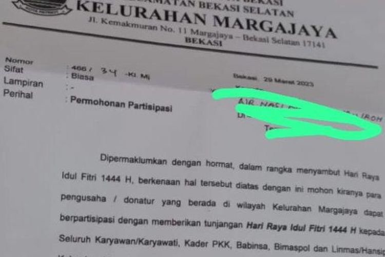 Surat Edaran Lurah Margajaya Bekasi Selatan terkait permintaan THR ke pengusaha di wilayah setempat. 
