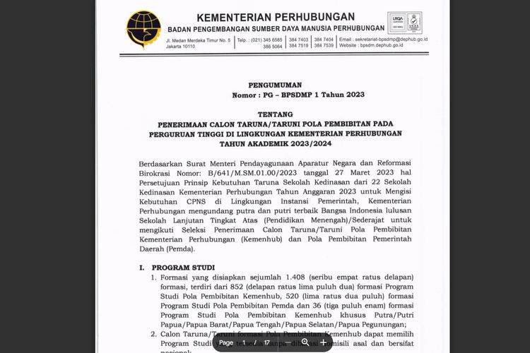 Tangkapan layar informasi perihal pembukaan pendaftaran sekolah kedinasan Kementerian Perhubungan (Kemenhub) 2023.