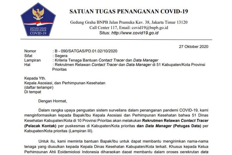 Tangkapan layar pengumuman oprek relawan contact tracer dan data manager Satgas Covid-19