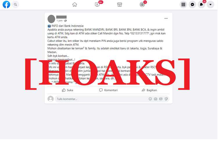 Tangkapan layar unggahan hoaks di sebuah akun Facebook, 7 April 2022, mengenai imbauan Bank Indonesia terkait kasus pembobolan melalui stiker di mesin ATM.