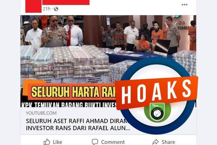 Tangkapan layar Facebook yang menyebut seluruh aset Raffi Ahmad disita karena Rafael Alun Trisambodo terbukti menjadi investor di Rans Entertainment